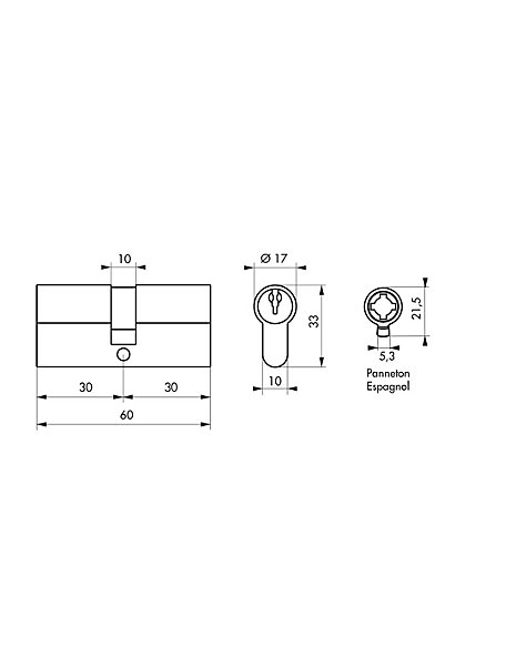 Cylindre 30 x 30 mm panneton ESP 3 clés nickelé - THIRARD