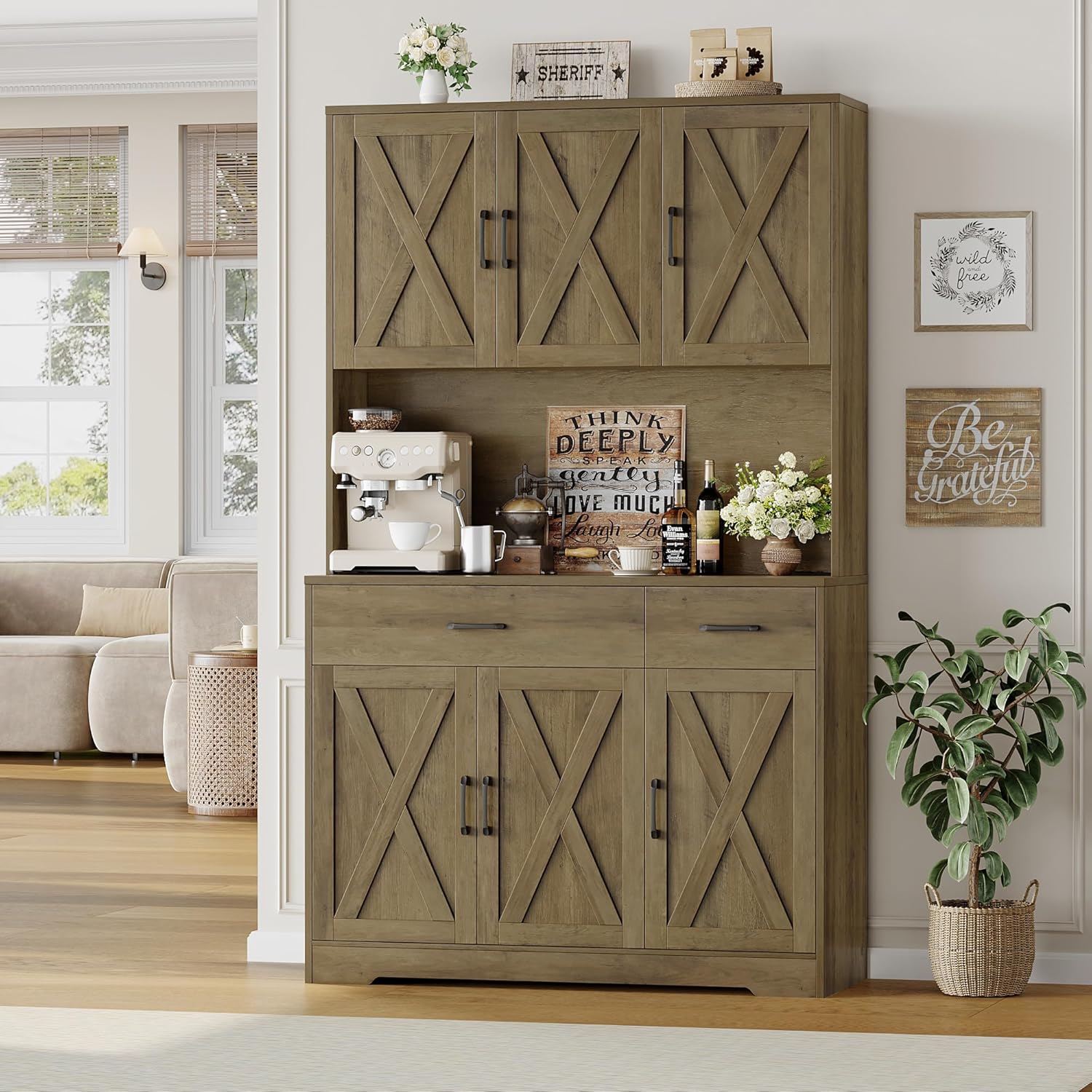 HOSTACK 71 Pantry Cabinet with Charging Station, Tall Kitchen Pantry Storage Cabinet with Microwave Stand, Farmhouse Kitchen Hutch with Storage Drawers for Living Room, Dining Room, Rustic Brown