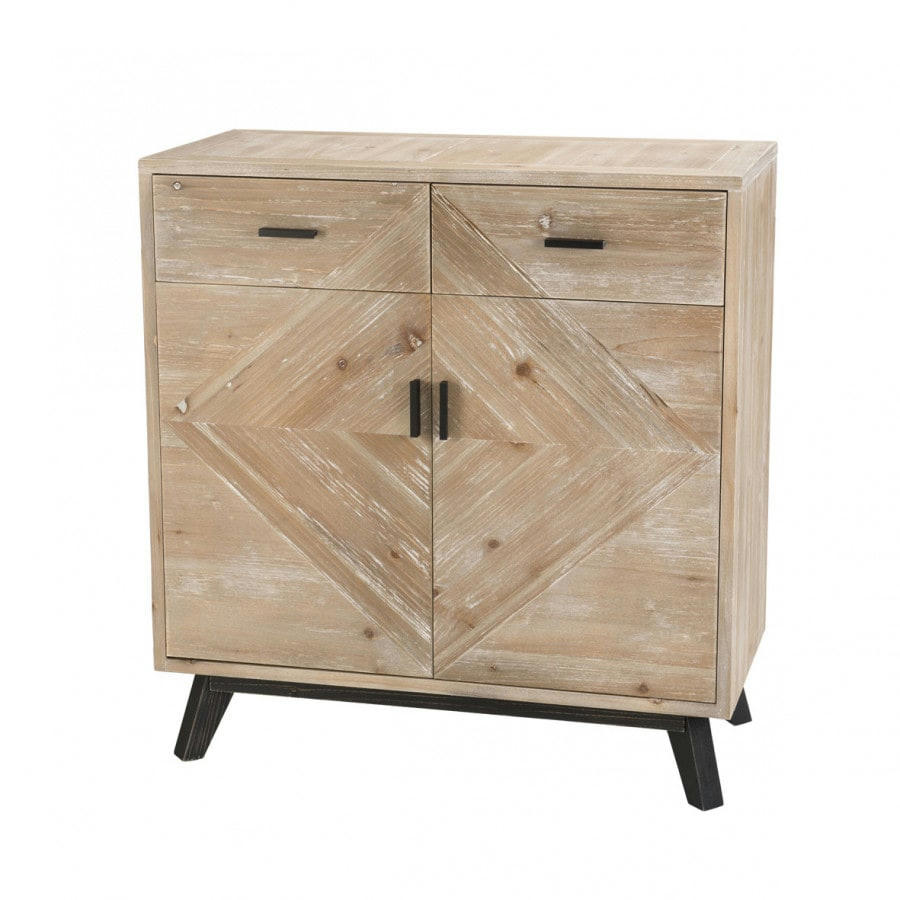 ANDRO - Buffet 2 tiroirs 2 portes beige pieds en sapin noir