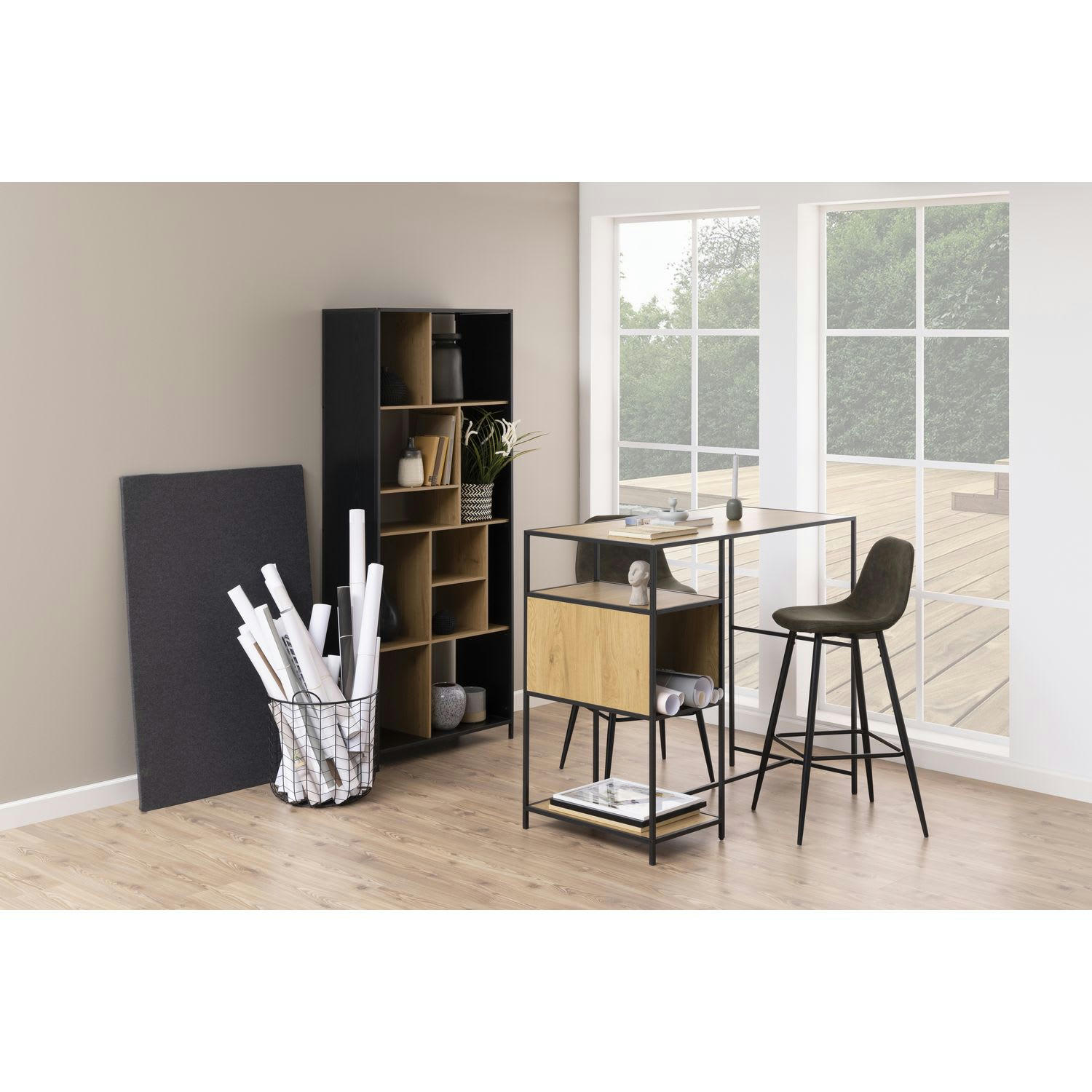 SIREINE - Table de bar avec 3 niches de rangement en mdf et métal noir