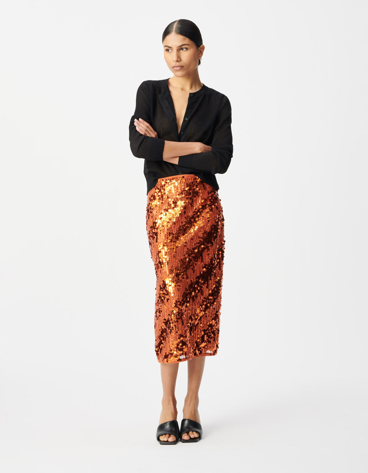 Jupe crayon orange fendue brodée sequins Femme