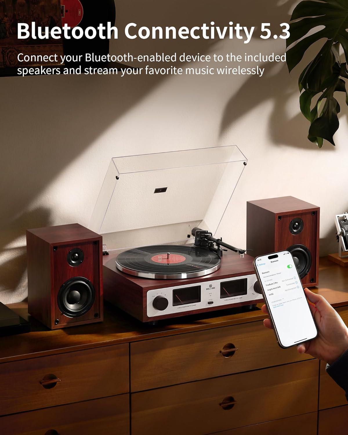 ANGELS HORN Bluetooth Turntable with Speakers  Vinyl Record Player System with AT-3600L  Built-in Phono Preamp  Belt Drive 2-Speed  Adjustable Counterweight  Pitch Control Hi-Fi Record Player System