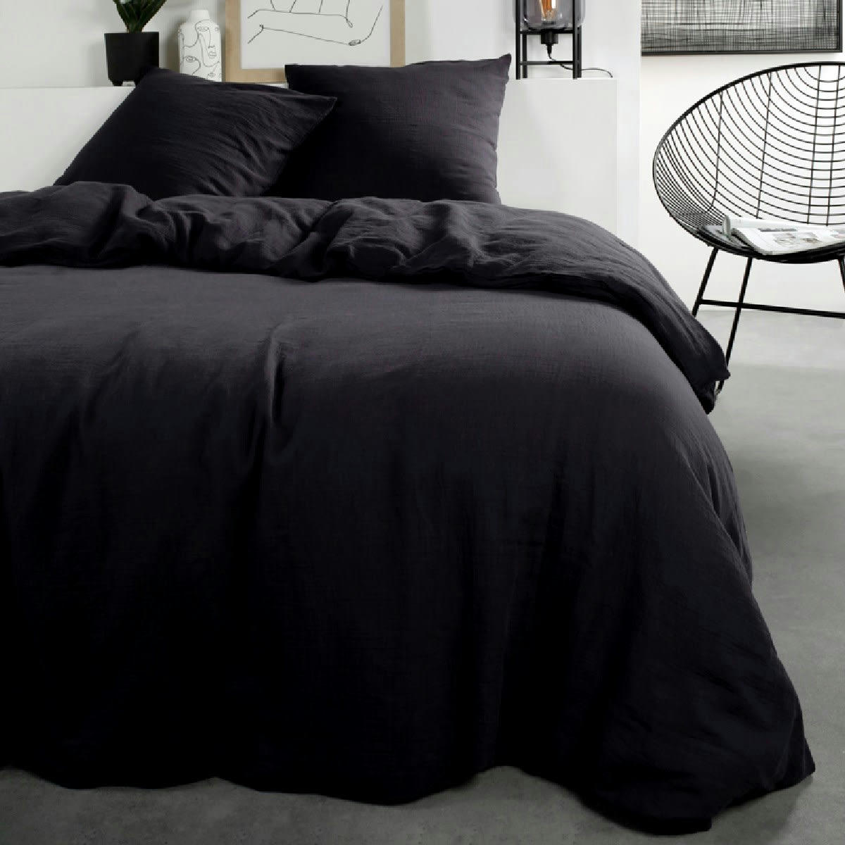 LINA - Parure de lit 2 personnes Unie en Coton Gris 240x220 cm