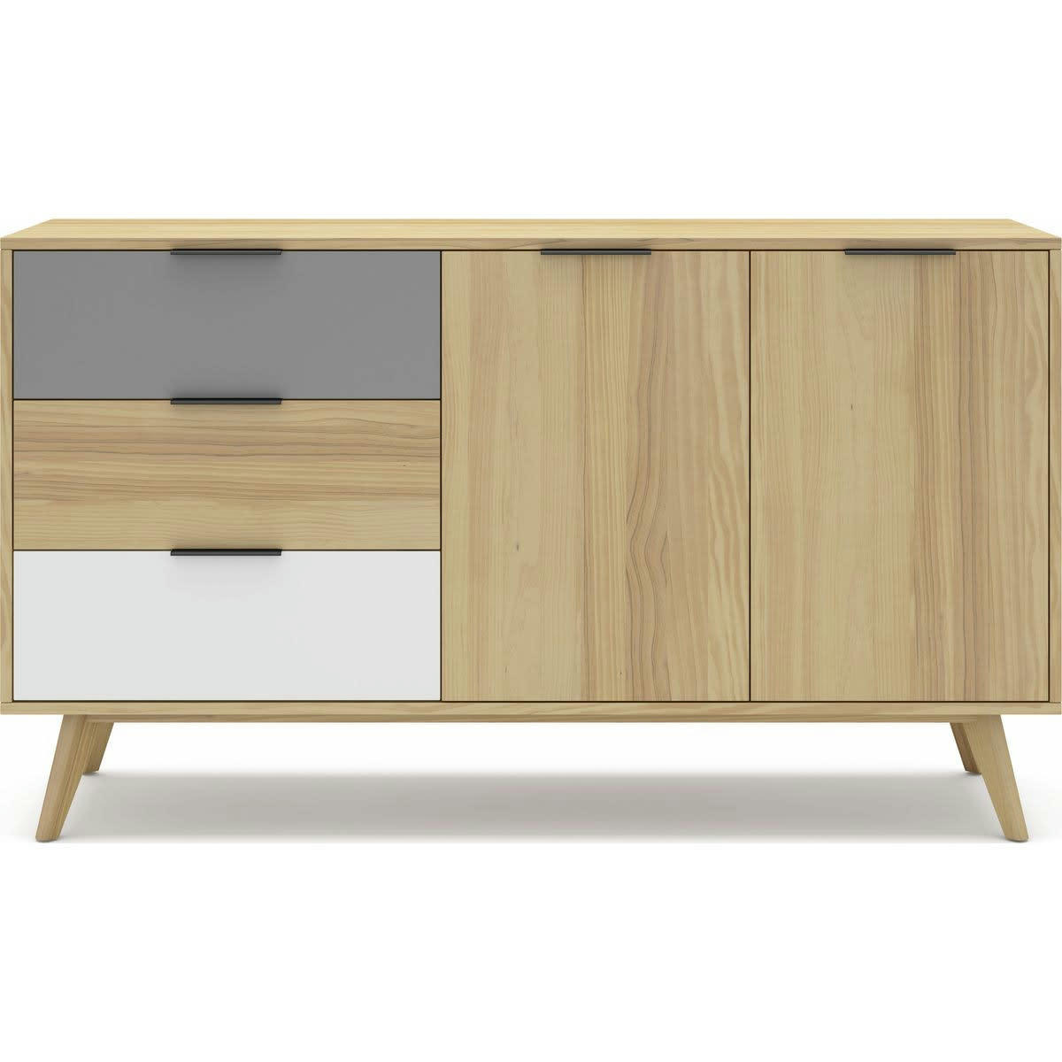 EDDY - Buffet 2 portes 3 tiroirs en pin massif blanc/gris/effet chêne 140 cm