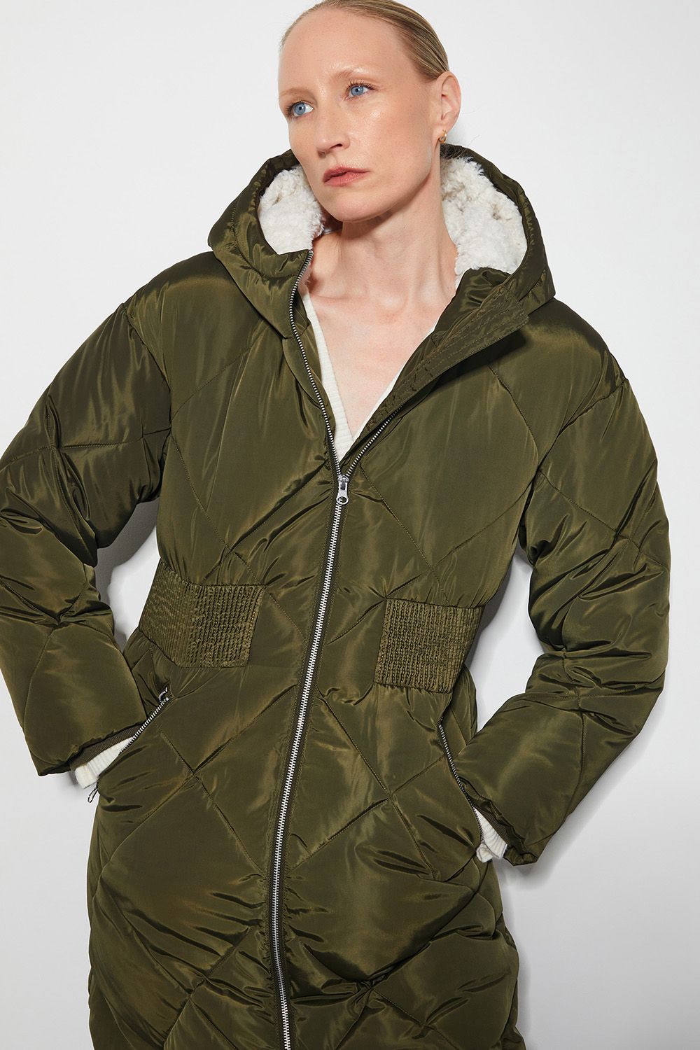 Monsoon Phoebe Fleece Quilted Puffer Coat Green