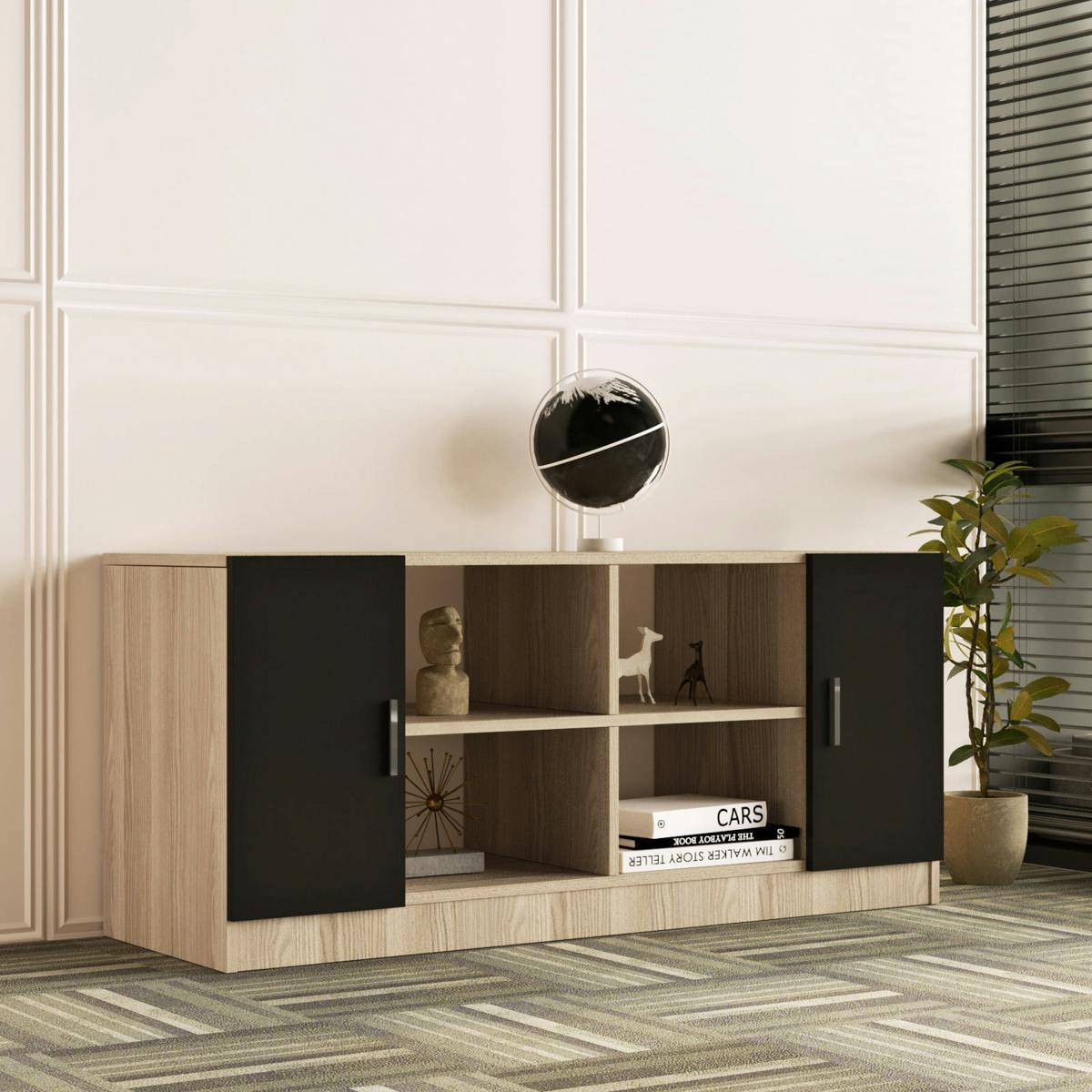 Meuble TV moderne décor bois 2 portes noires MARFA