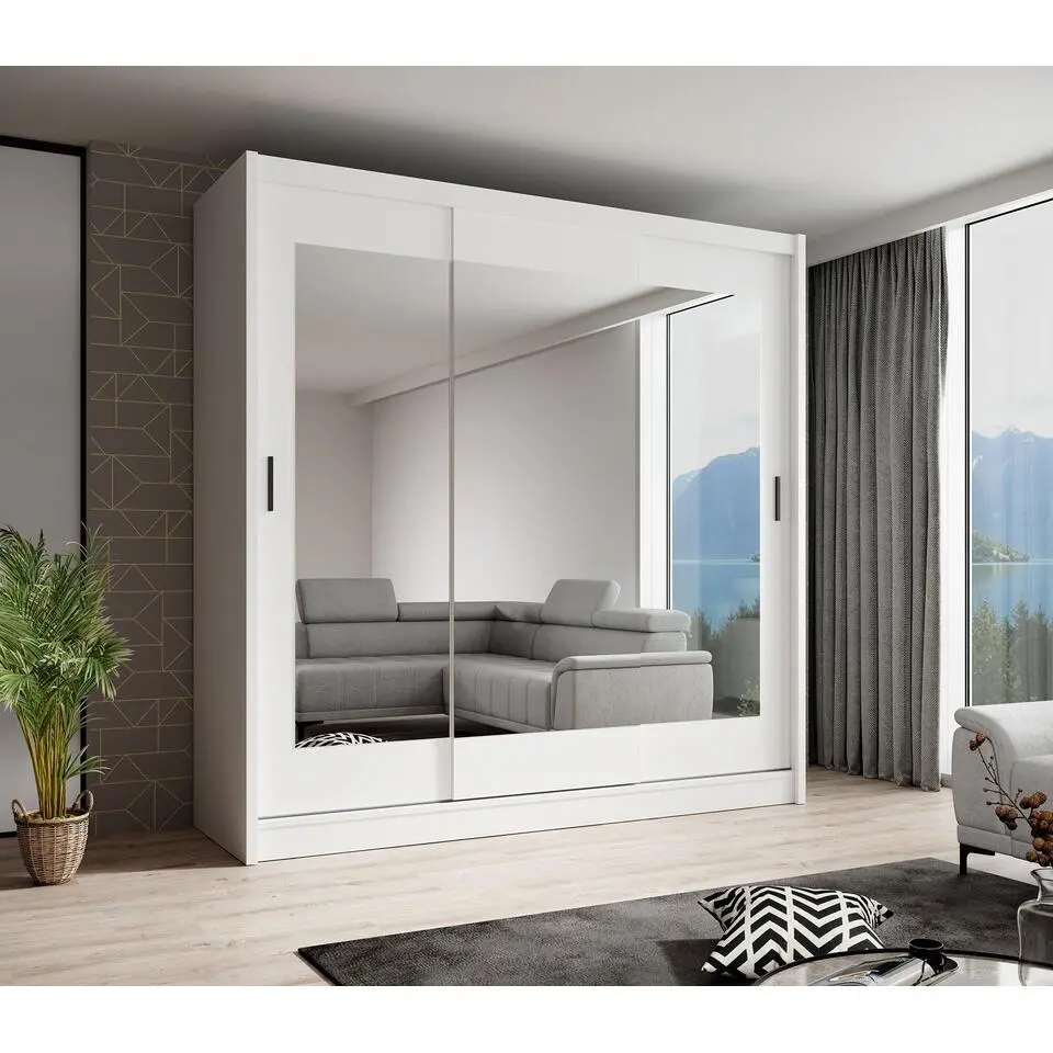 Meubella - Kledingkast Alcamo 2 - Wit - 205 cm - Met spiegel