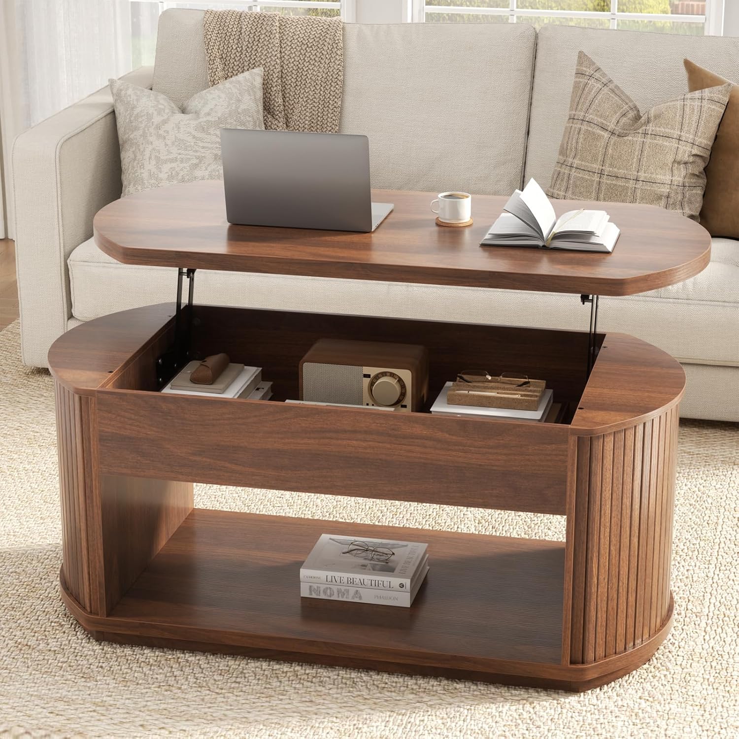 FABATO Oval Lift Top Coffee Table with Storage, Mid Century Modern Coffee Table for Living Room, 2 Tier Center Table with Lift-Top, 41.7 Fluted Wood Table for Reception Room, Home Office, Walnut