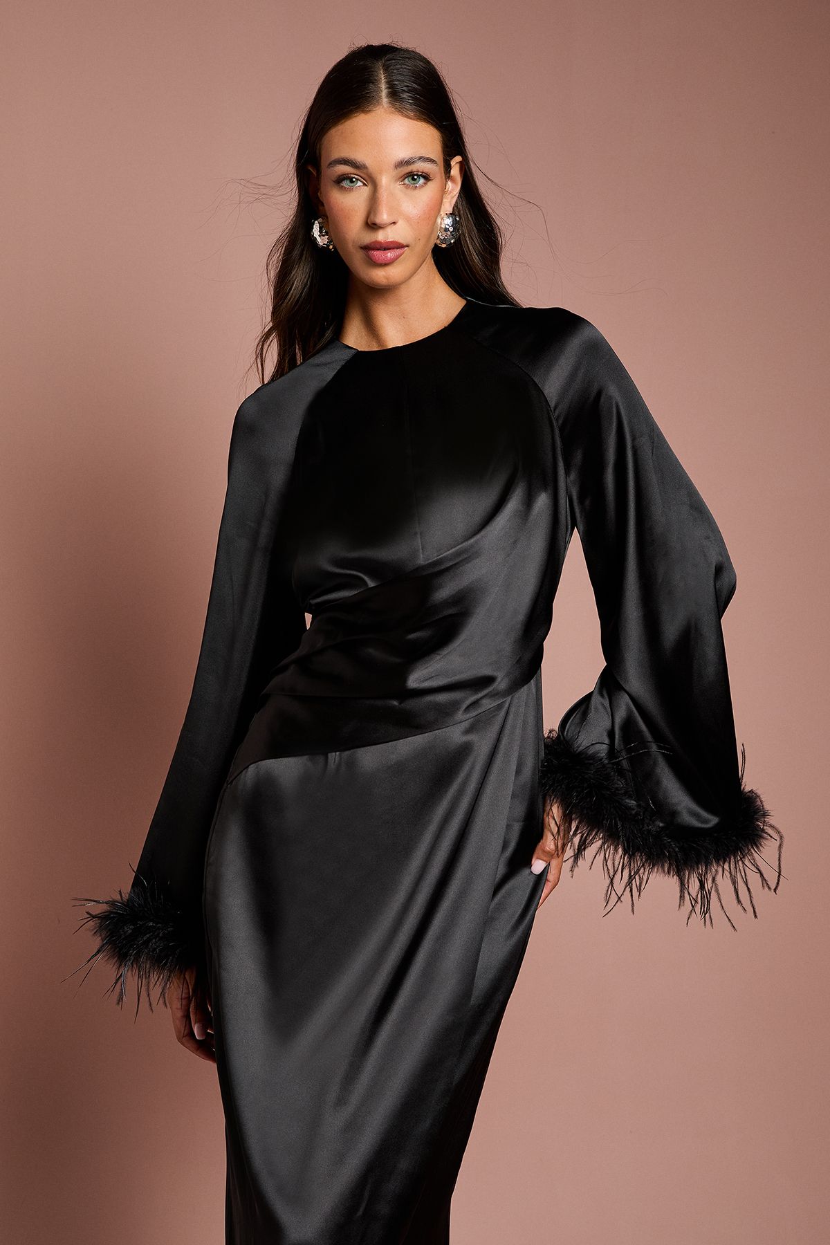 Coast Feather Trim Satin Maxi Dress