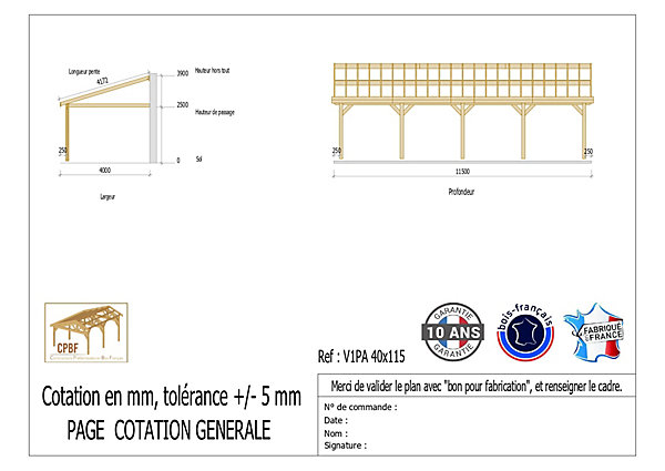 Carport adossé une pente 400cmx700cm, bois DOUGLAS Français (Charpente en bois-auvent-abri voiture) 28 m². Garantie 10 ans