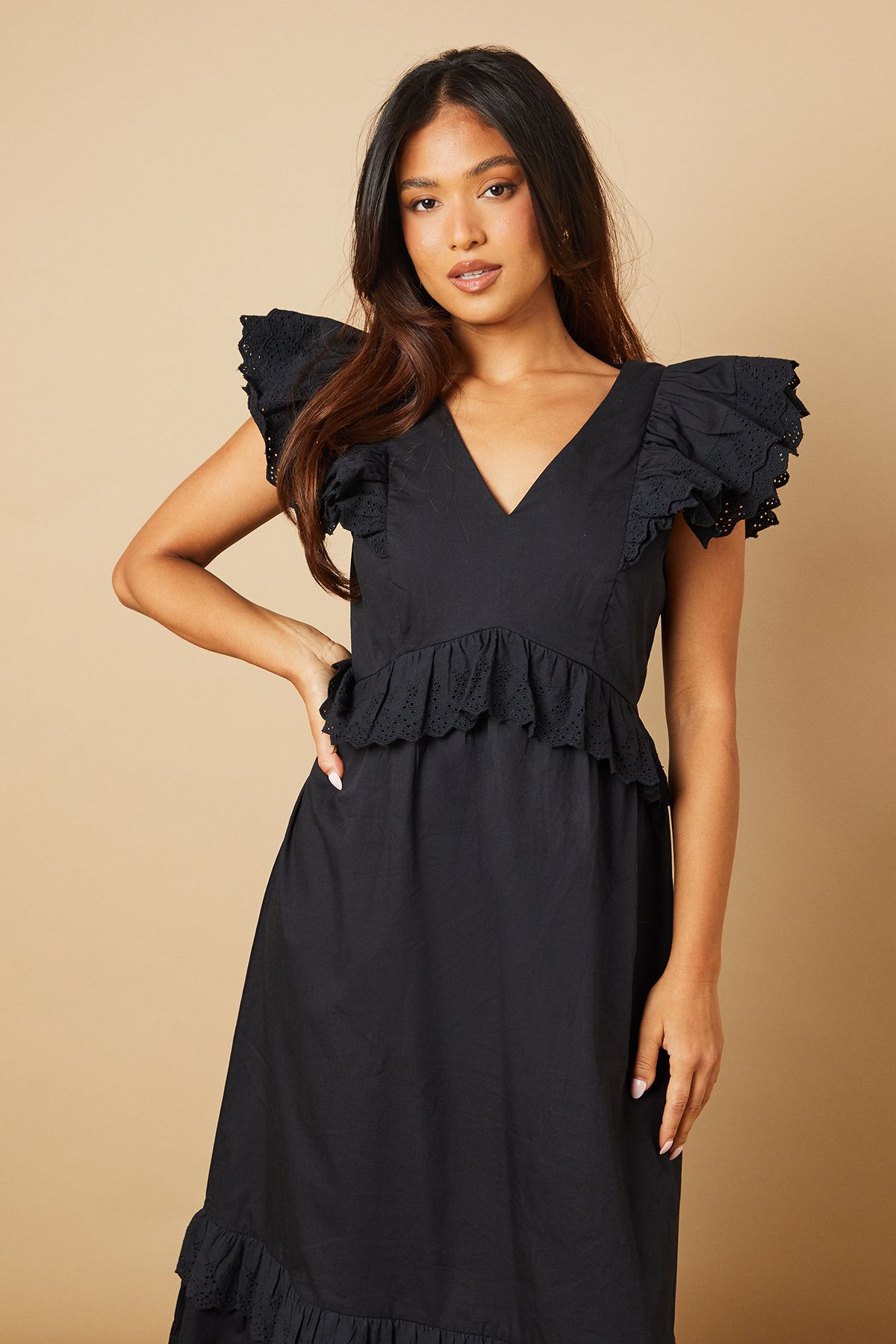 Oasis Petite Broderie Panel Ruffle Maxi Dress