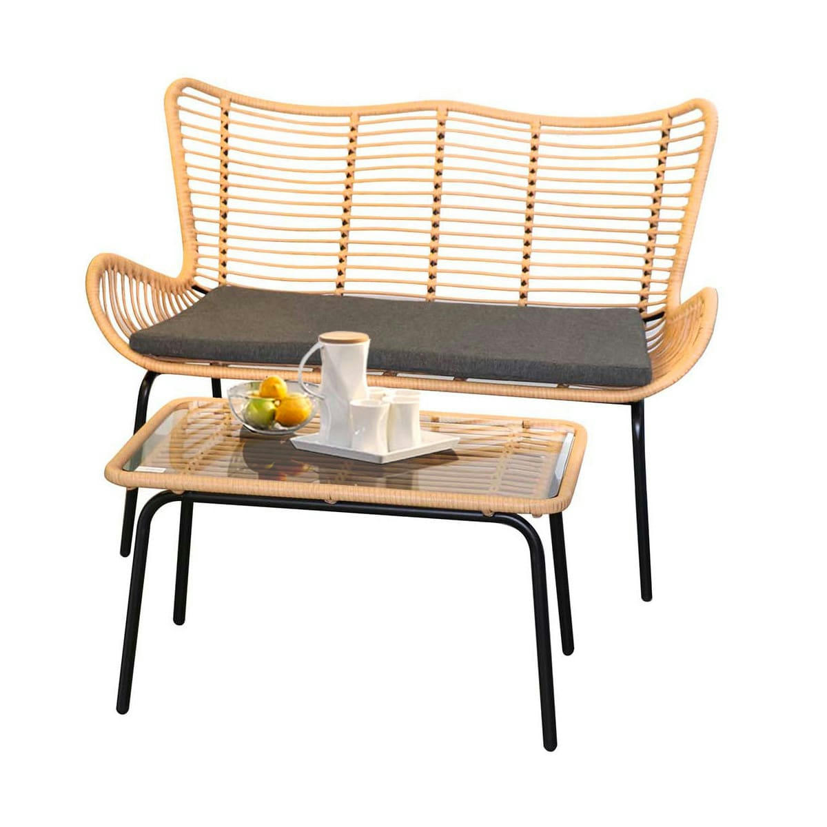 - Salon de jardin complet 4 places en métal et résine tressée 122x70x88