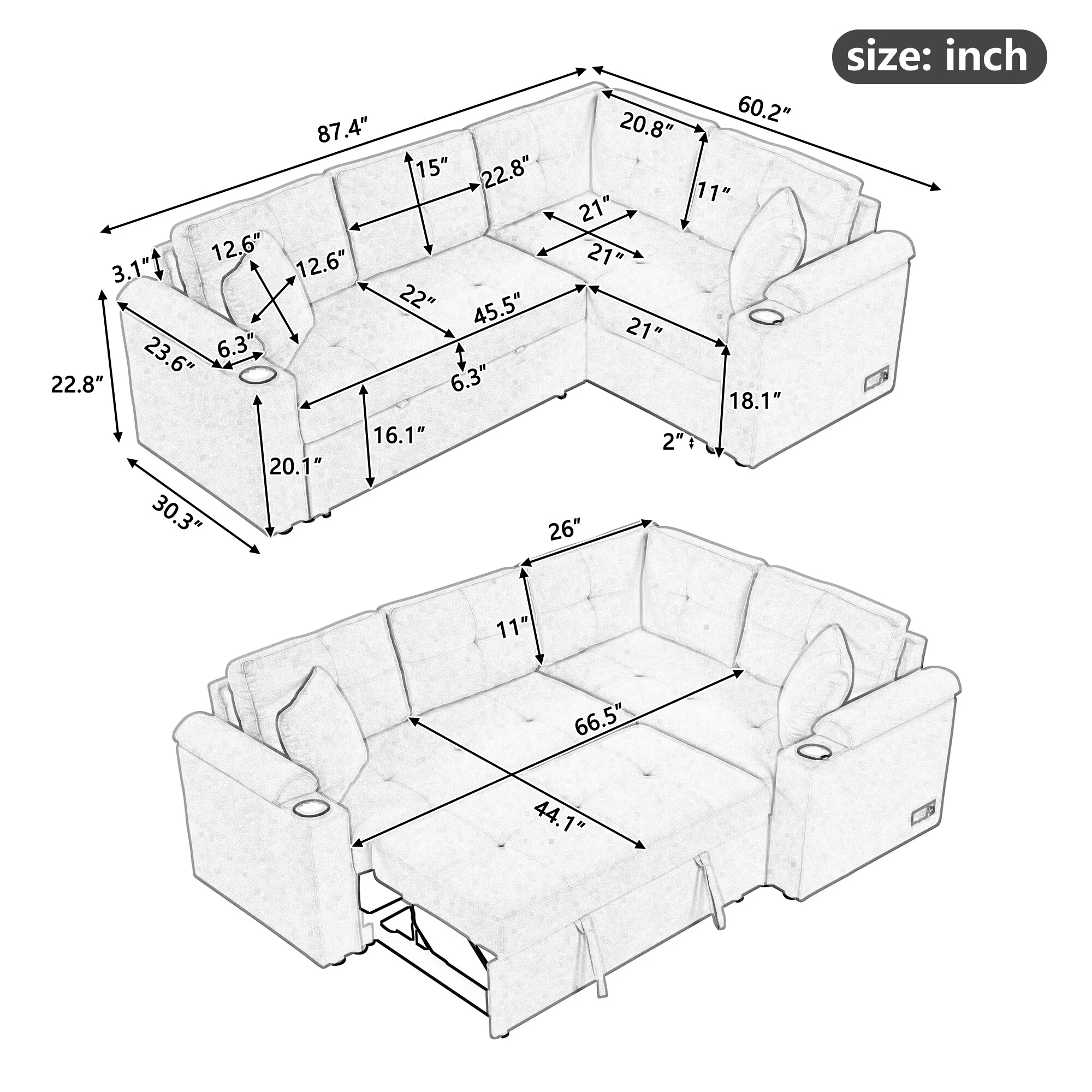 Beige 87.4'' Fabric 3 Seater Sleeper Sofa with Pull-Out Bed, Wheels, USB Ports, Power Sockets, and Built-in Cup Holders