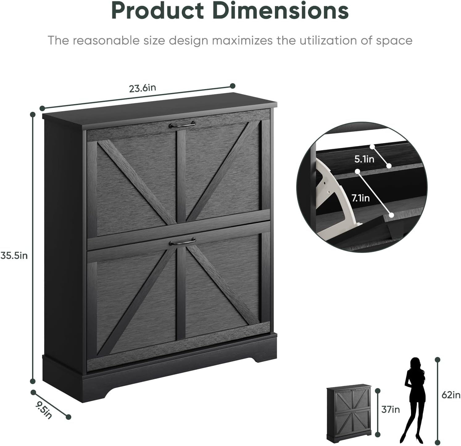 Smart FENDEE Shoe Cabinet, Shoe Storage Cabinet for Entryway with 2 Flip Drawers, Narrow Farmhouse Shoe Organizer Cabinet, Slim Shoe Rack Cabinet, 31.5in Black