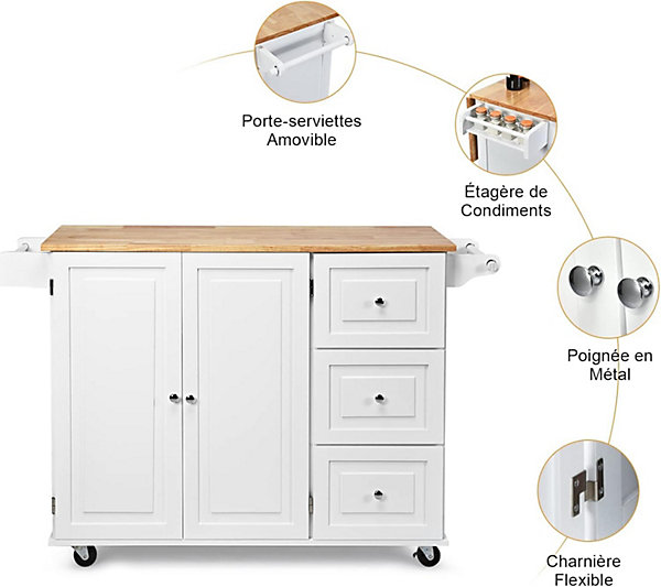 Desserte Chariot de Cuisine à Roulettes avec 1 Armoire à 3 Niveaux et 3 Tiroirs 2 Planches Réglables et Plateau Pliable Blanc