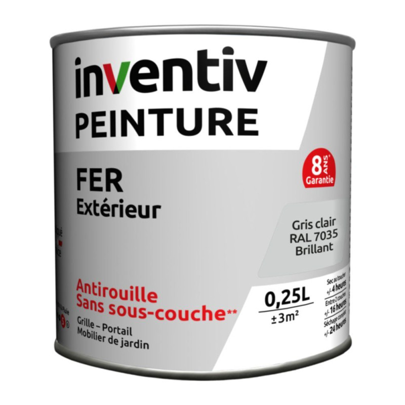 Peinture extérieure Fer 8 ans gris ciel brillant 0,25 L INVENTIV