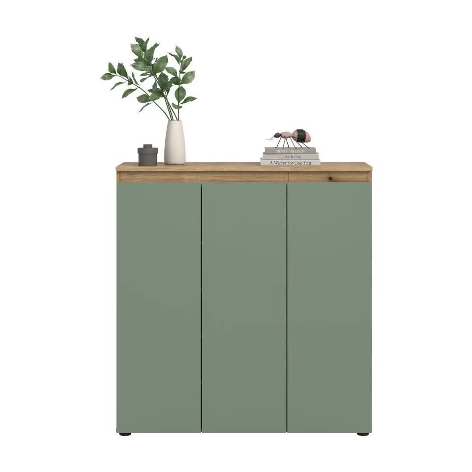 Hioshop Scarpa dressoir 3 deuren eik decor- stoffig groen