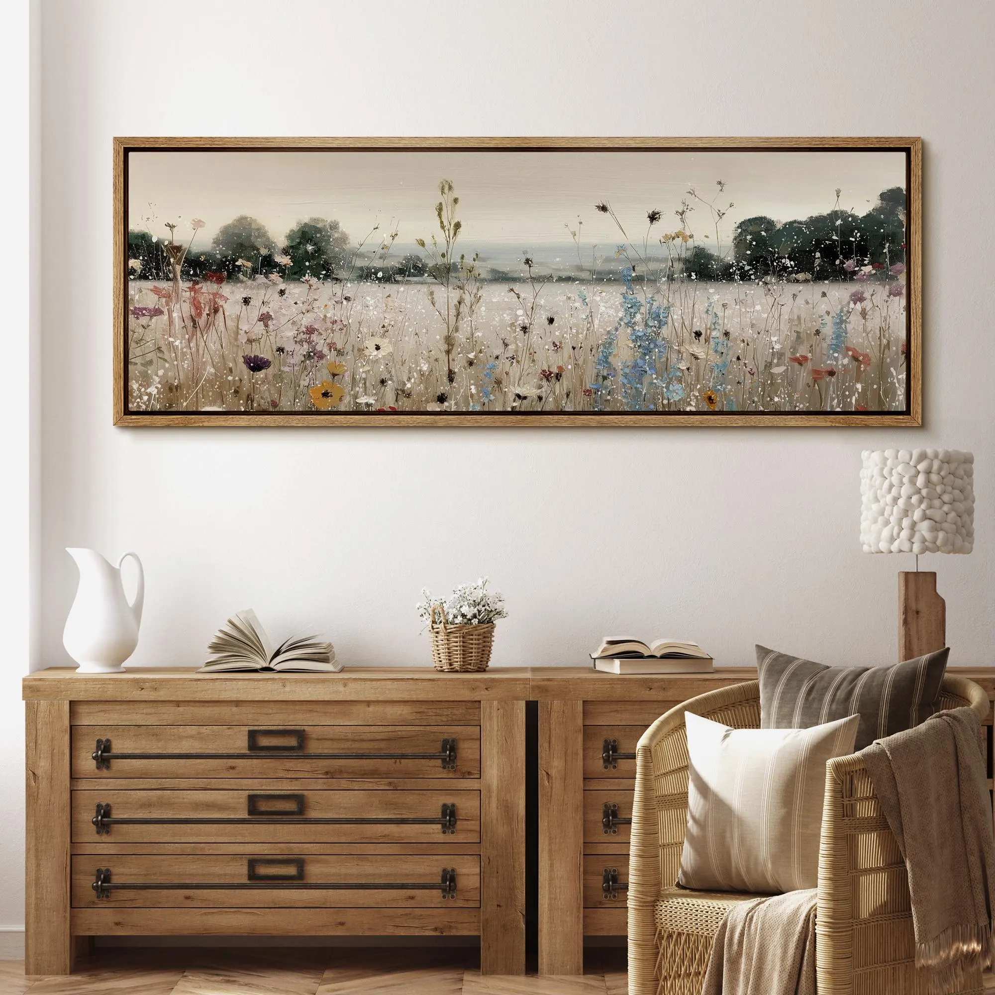 Wildflower Field Landscape Wall Art, Large Framed Soft Impressionist Meadow Canvas Print, Nature Decor for Cottagecore or Modern Farmhouse