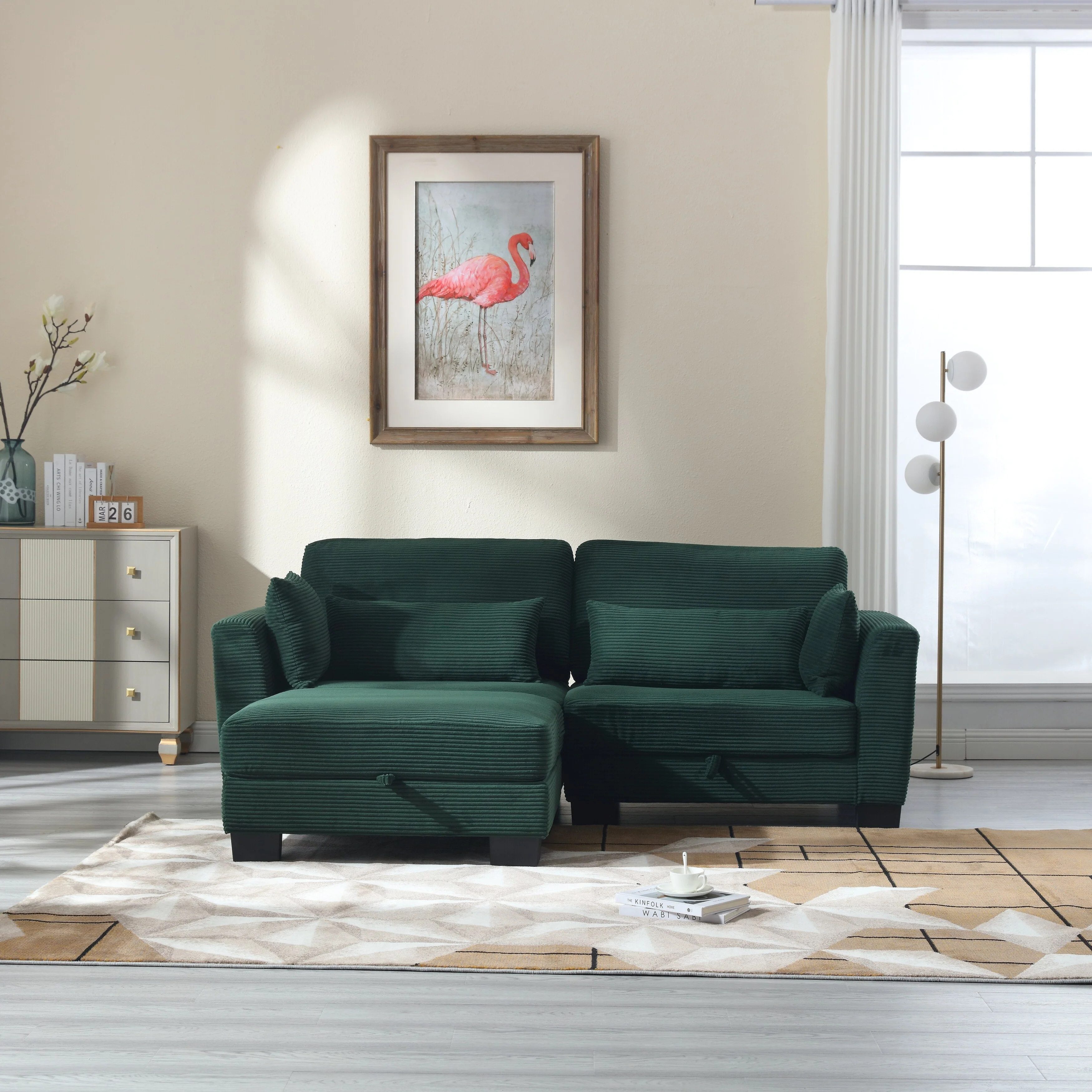 Green 86.61'' L-Shaped 2-Seat Modular Sectional Sofa with Reversible Chaise and Storage Seats, Reliable Solid Wood Construction