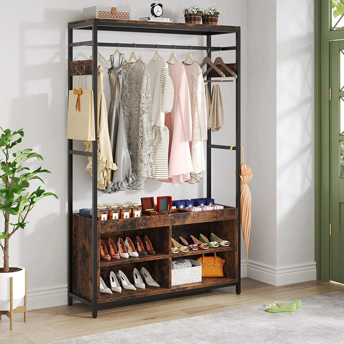 Garment Racks with Storage Shelves, Free-standing Closet Organizer, Hall Tree with Shoe Storage