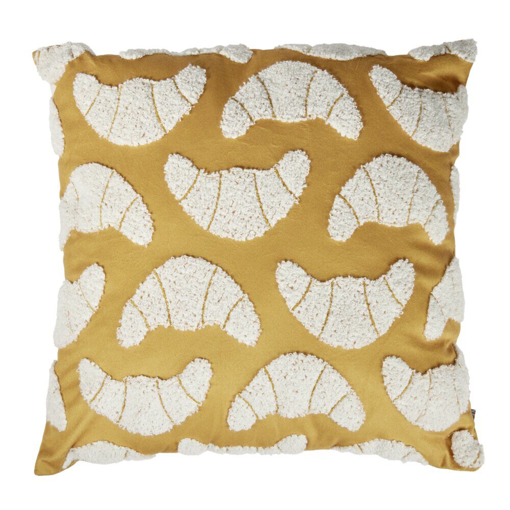 Coussin carré jaune motif bouclette croissants blancs 40x40cm