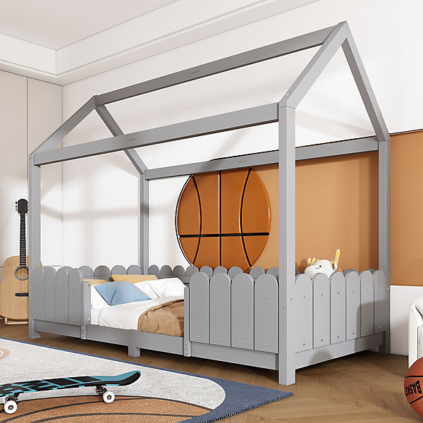 Lit enfant 90x200 cm - Lit Cabane avec Clôtures et Sommier Inclus, Structure en Bois de Pin, Sans Matelas,Gris