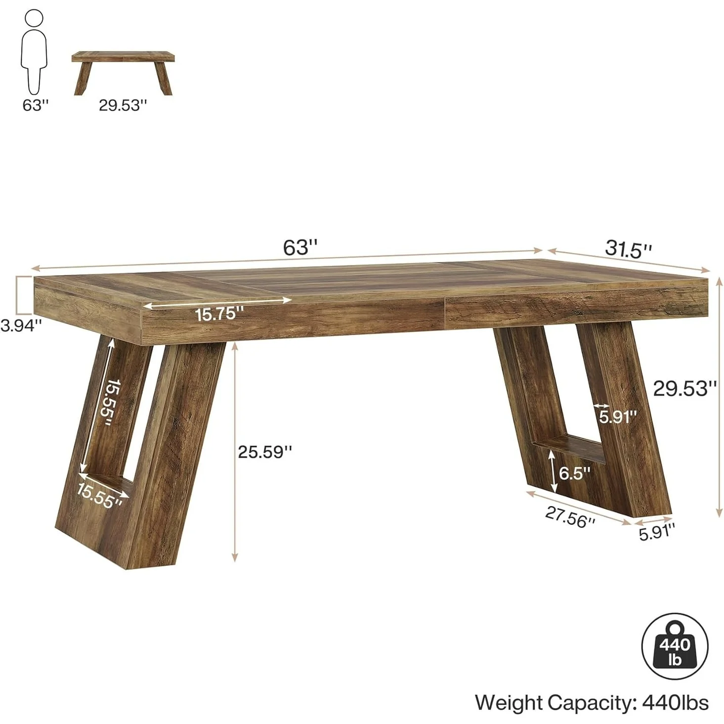 63 Inches Wood Executive Desk, Large Home Office Desk with Double Pedestal