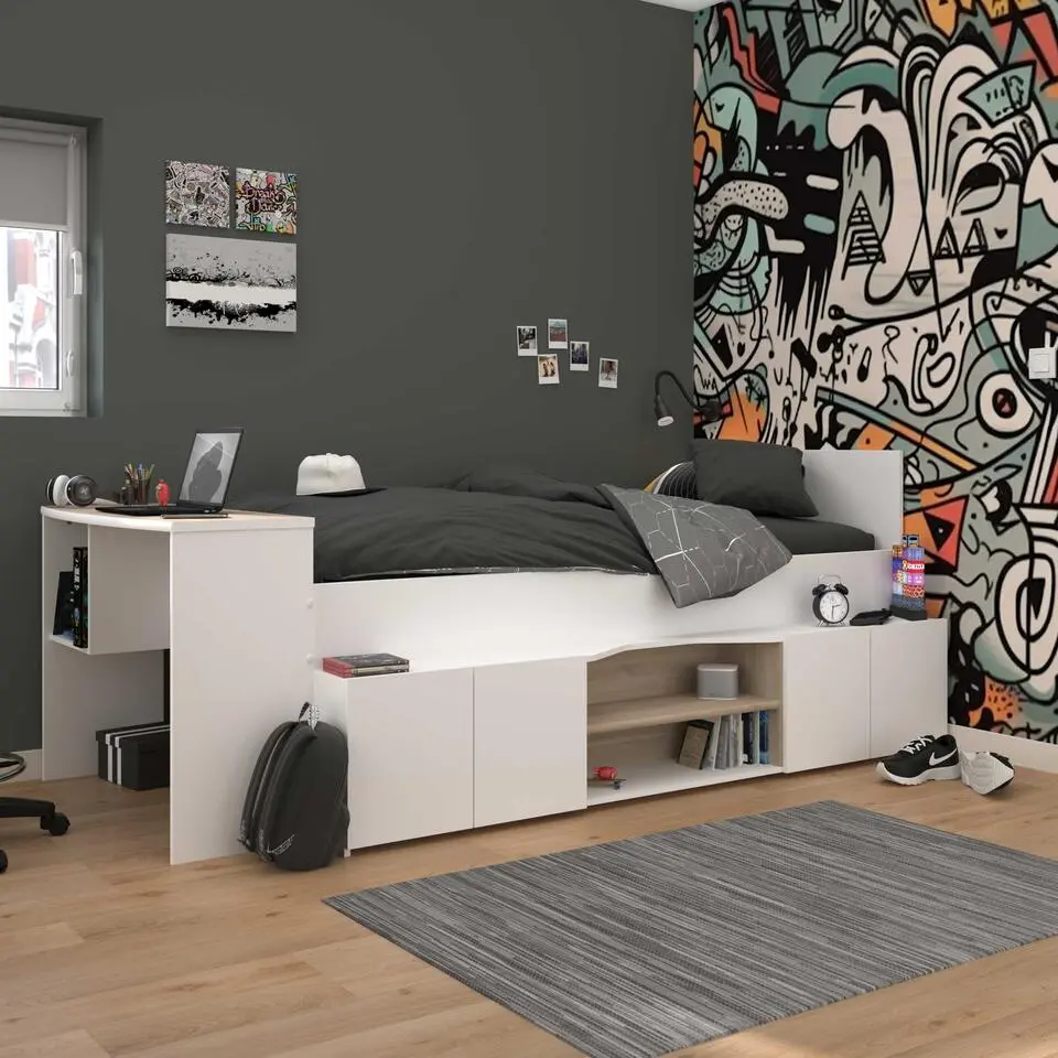 Kinderbed Clio 90x200 met opbergruimte en bureau - wit/eikdecor