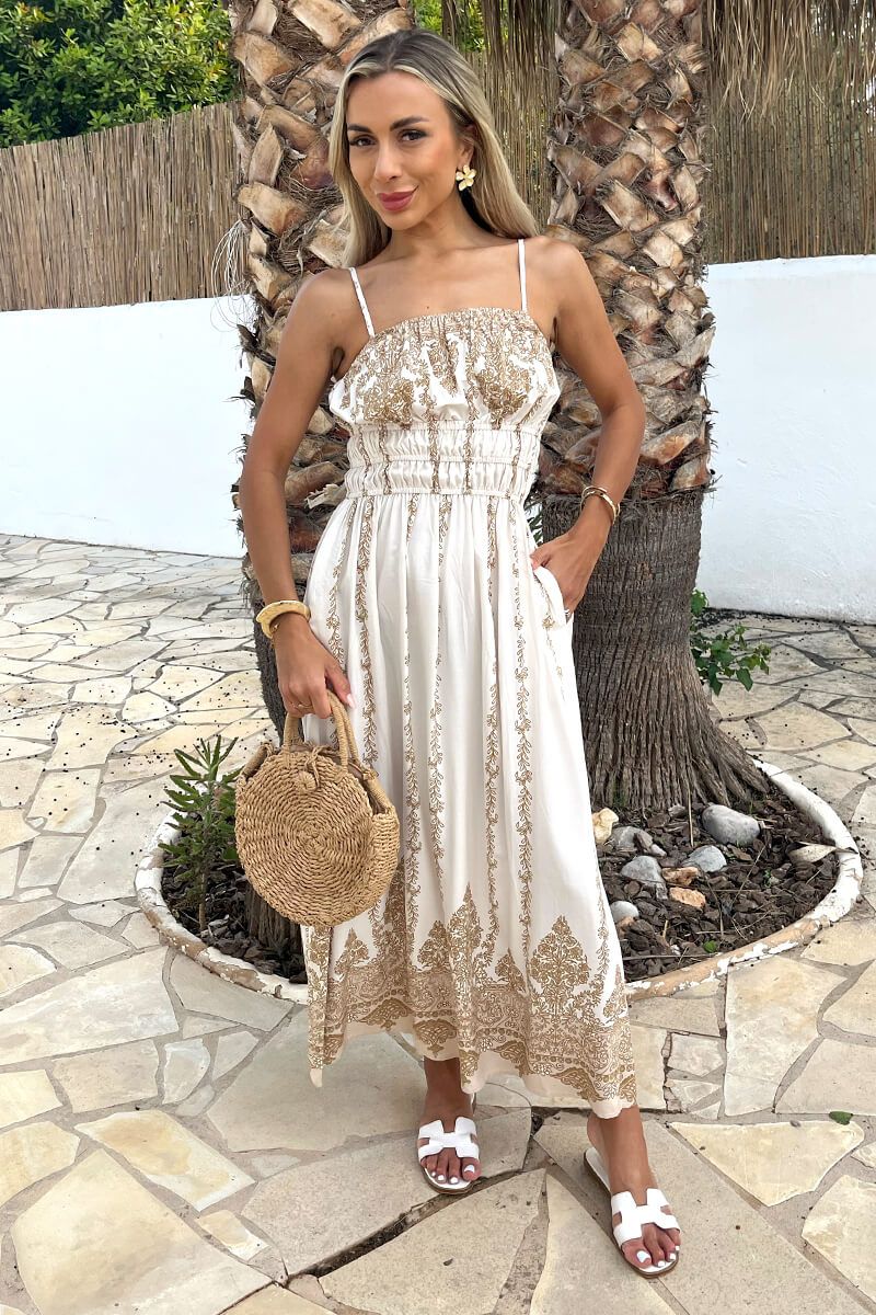AX Paris Cream Boho Vine Print Strappy Shirred Waist Midi Dress