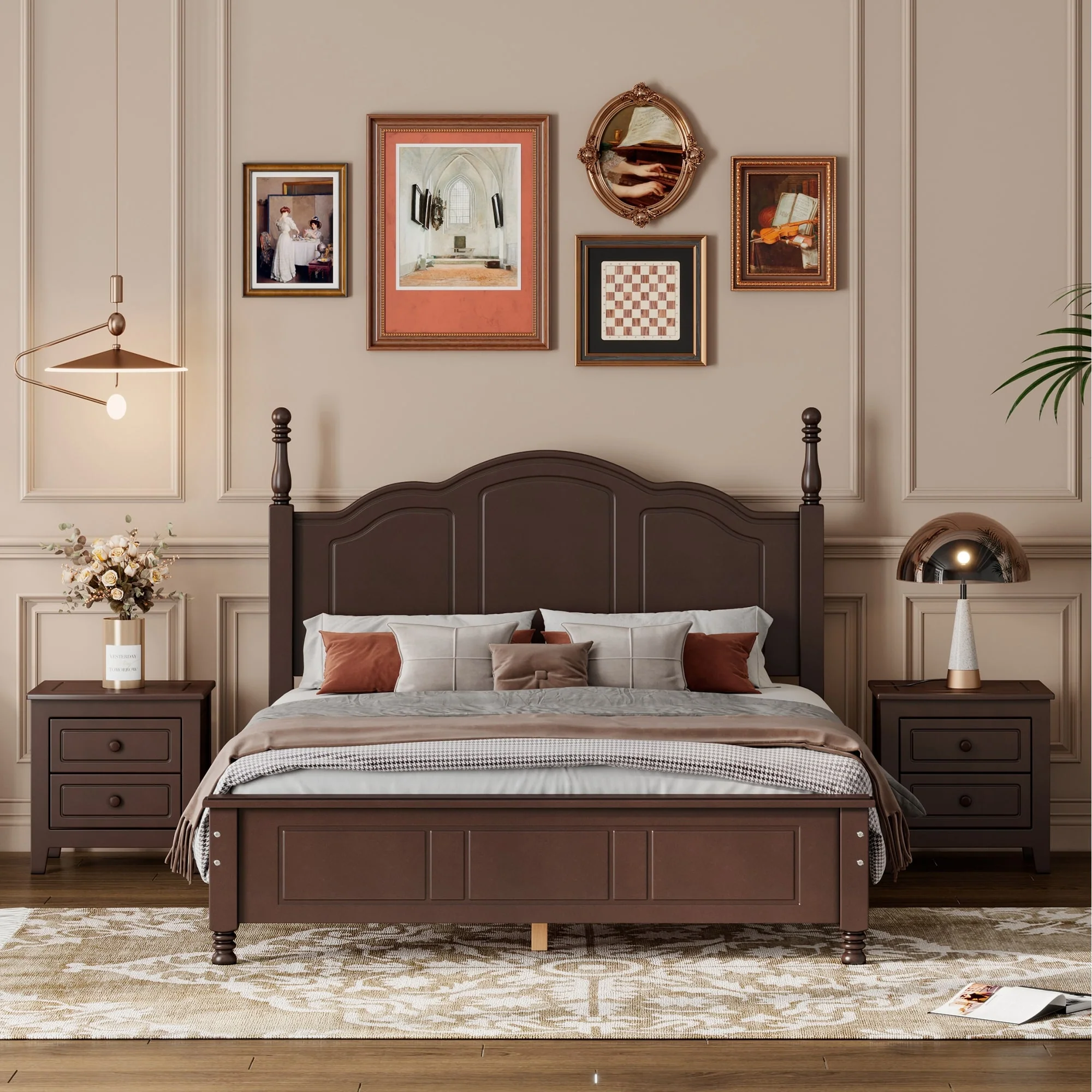 Wood Platform Bed 3-Pieces Bedroom Sets with Two Nightstands