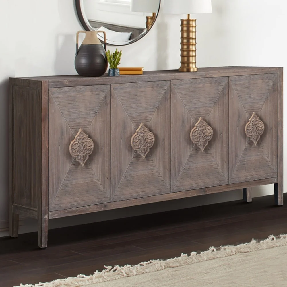 Antique Carved Flower Door Sideboard Storage Cabinet