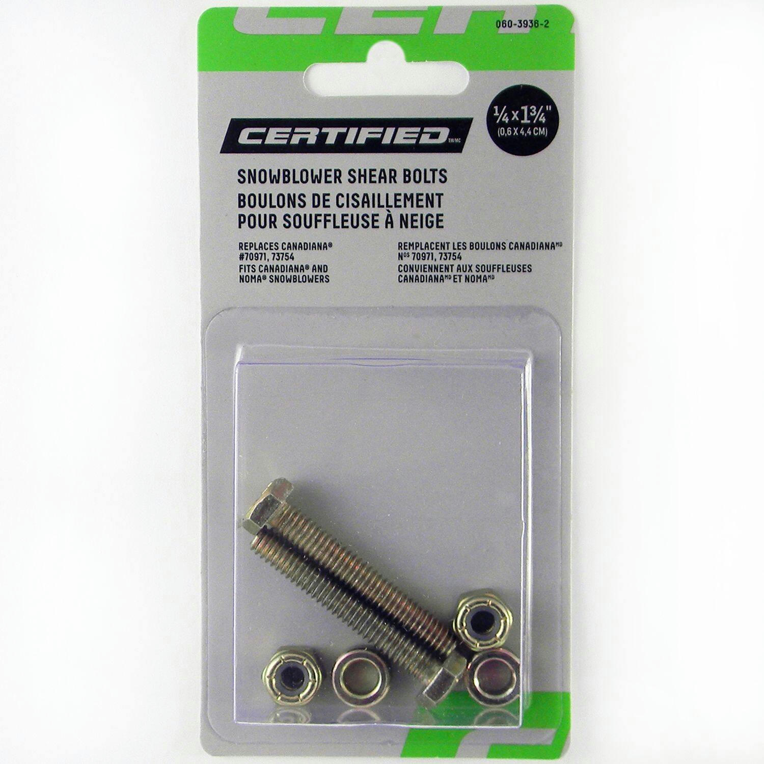 Certified Snowblower Replacement Shear Bolt, 2 Pk., 1/4 x 1.75