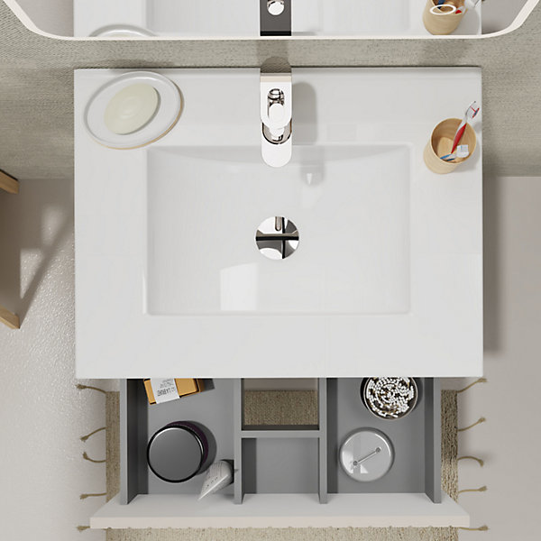 Meuble salle de bain strié 60 cm - Plan vasque céramique - Beige cachemire mat - A suspendre - Karaib 2