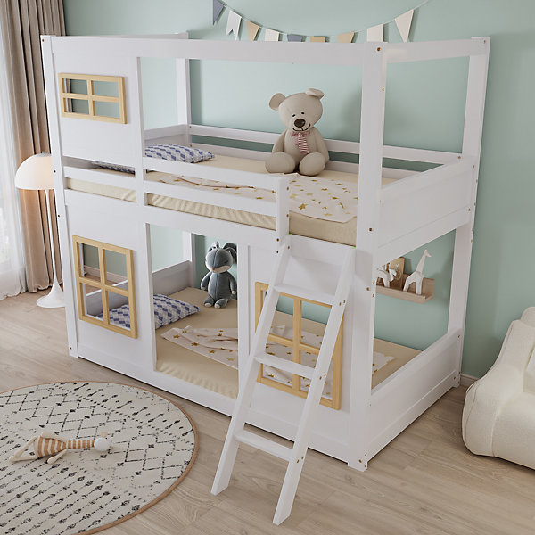 Lit superposé enfant 90x200cm avec jolies fenêtres échelle stable barrière 4 côtés pinMDFcontreplaqué blancnaturel