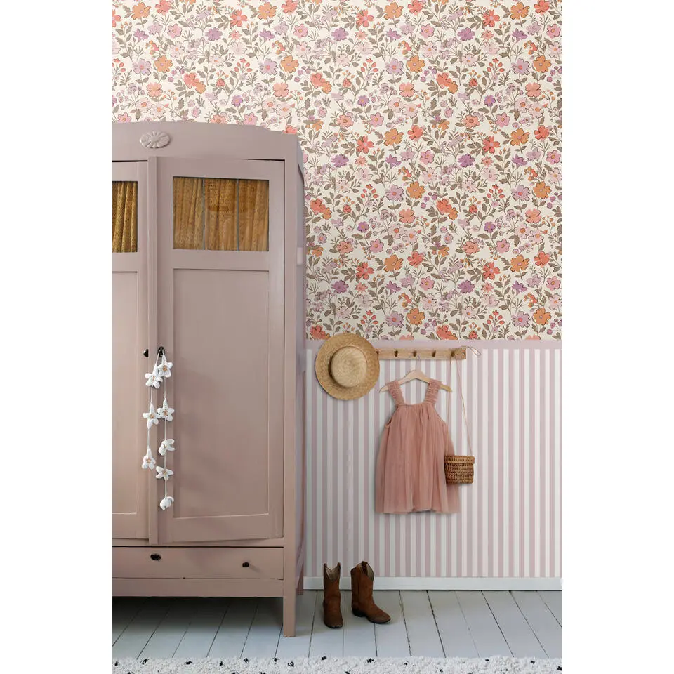 ESTAhome behang bloemetjes paars en oranje - 53 cm x 10.05 m