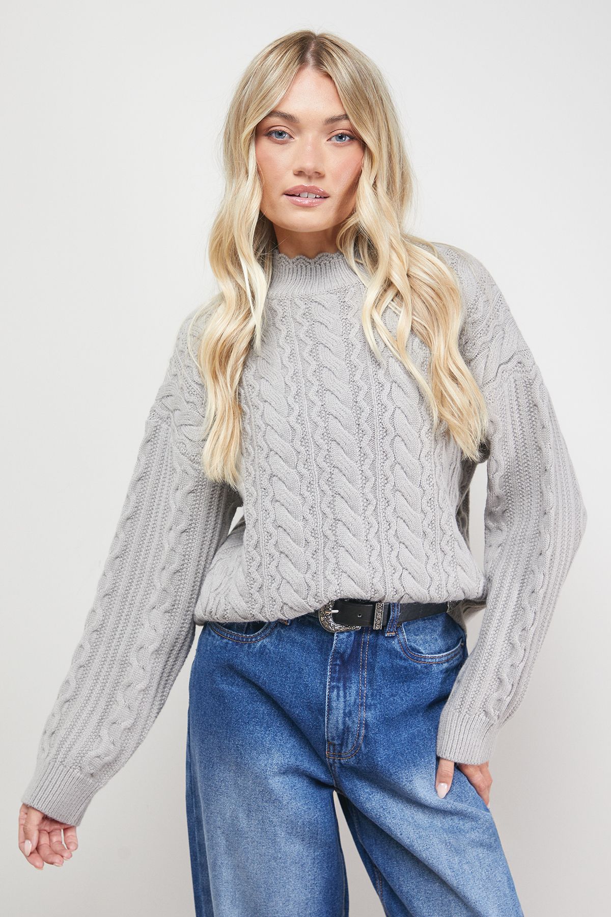 Oasis Wavy Cable Detail Scalloped Neck Jumper