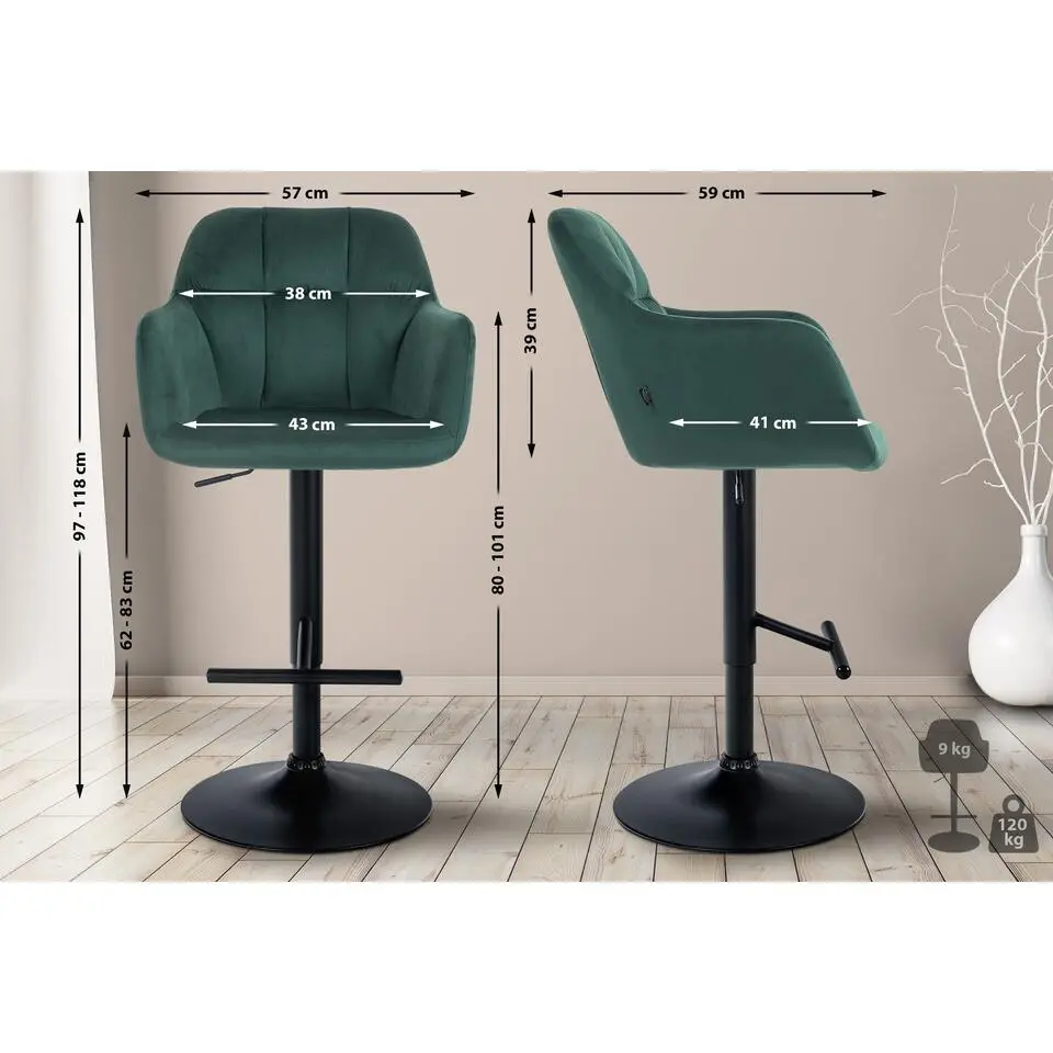 CLP Barkruk Natoma zwart Frame - Fluweel - groen