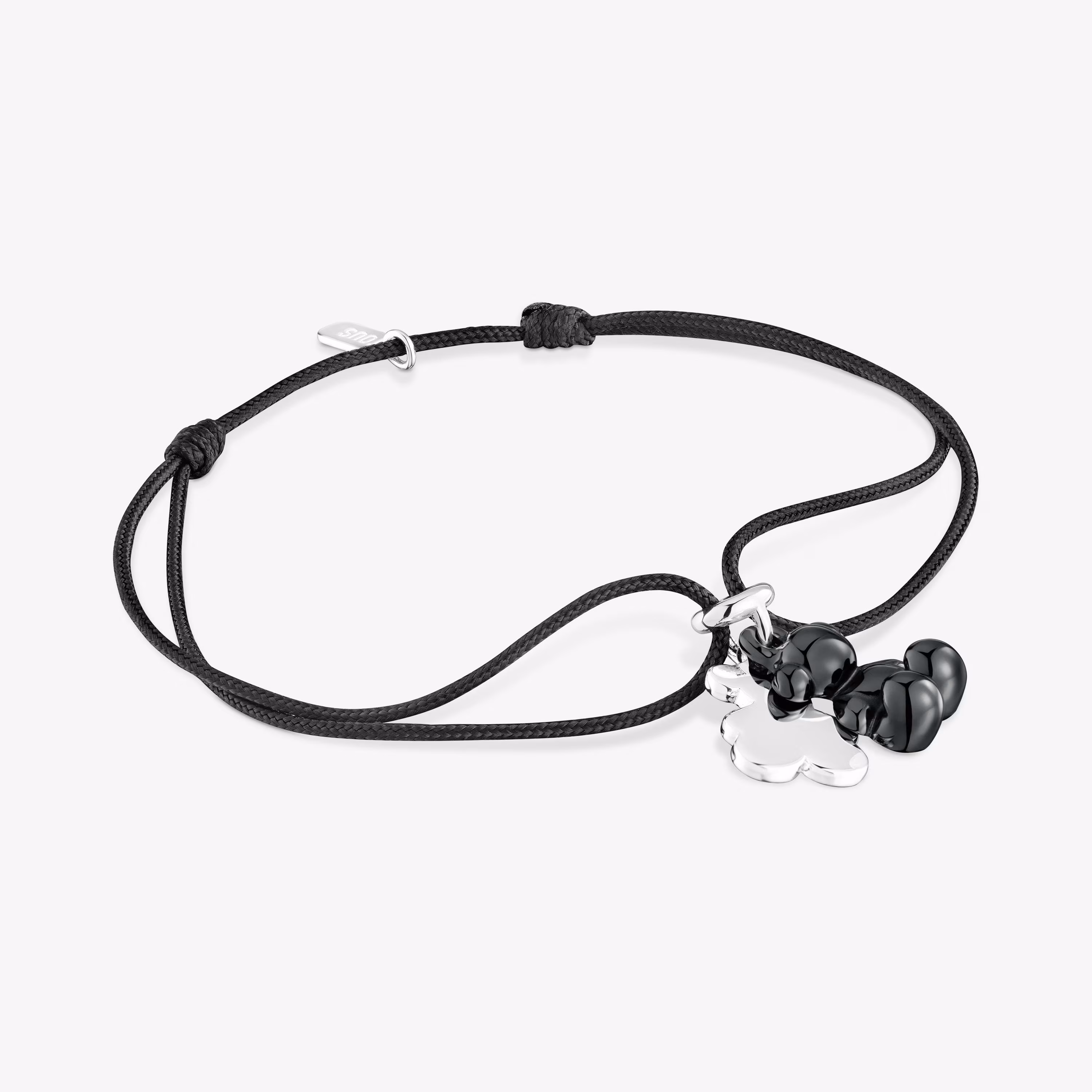Pulsera doble oso de plata con cerámica negra y nylon negro Bold Bear