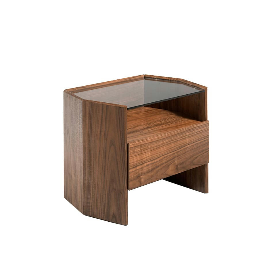 - Table de chevet effet bois noyer et verre
