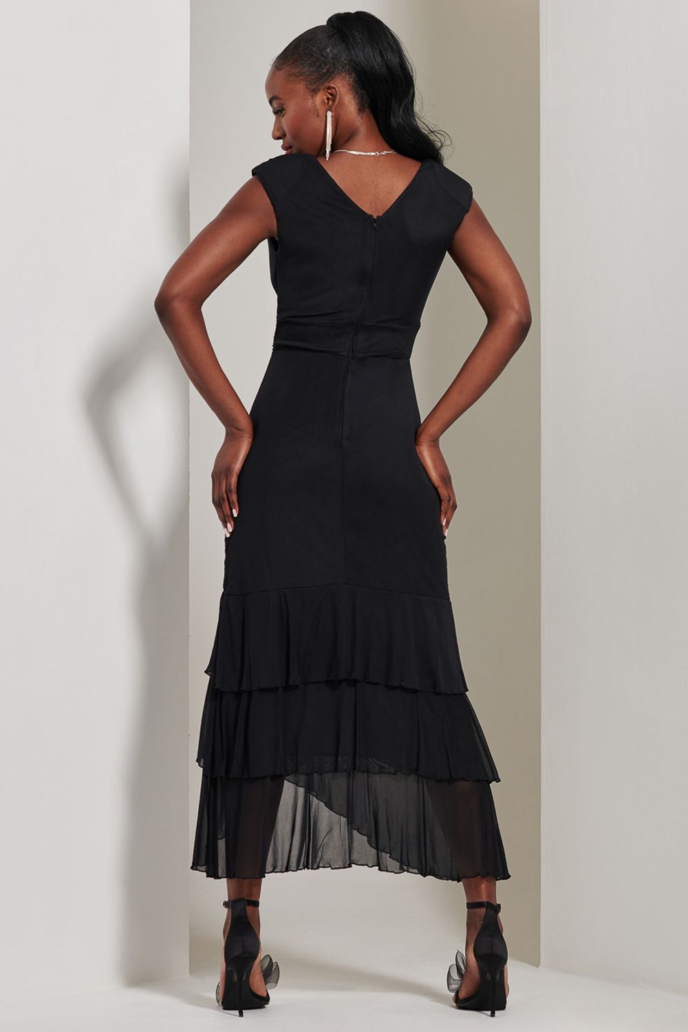 Jolie Moi Wrap Bodice Mesh Frill Maxi Dress