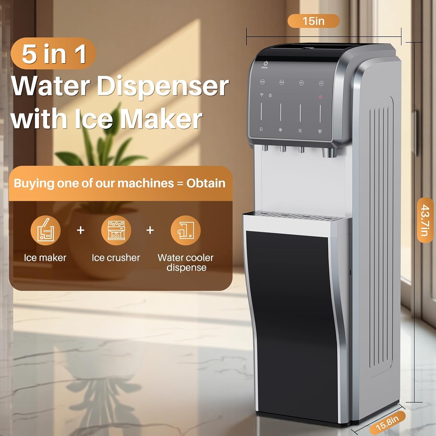EXCELPURE 5-in-1 Bottom Loading Water Dispenser with Ice Maker, 3 Temperatures Settings - Hot, Cold and Room Water Cooler for 5 Gallon Bottle, Child Safety Lock, 35lbs/24H, WiFi, Stainless Steel