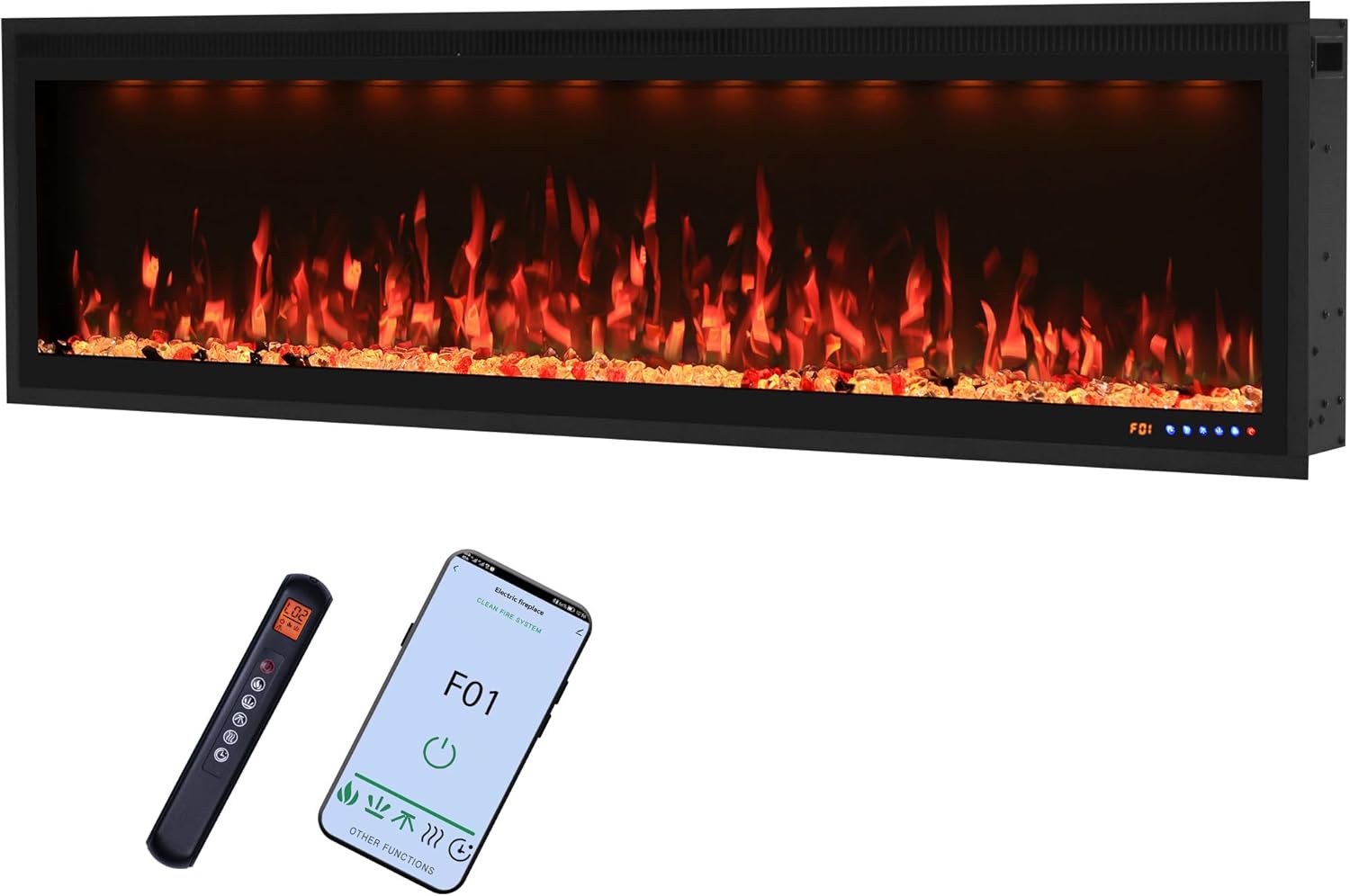 Valuxhome 60inch Recessed Electric Fireplace, Ultra Narrow Frame Design, 13 Flame Colors, 400 Sq.ft, 750/1500W