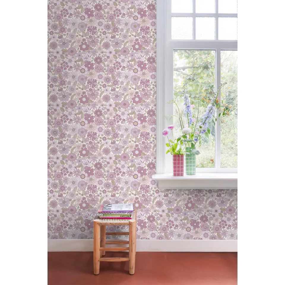 ESTAhome behang retro bloemen lila paars - 50 x 900 cm