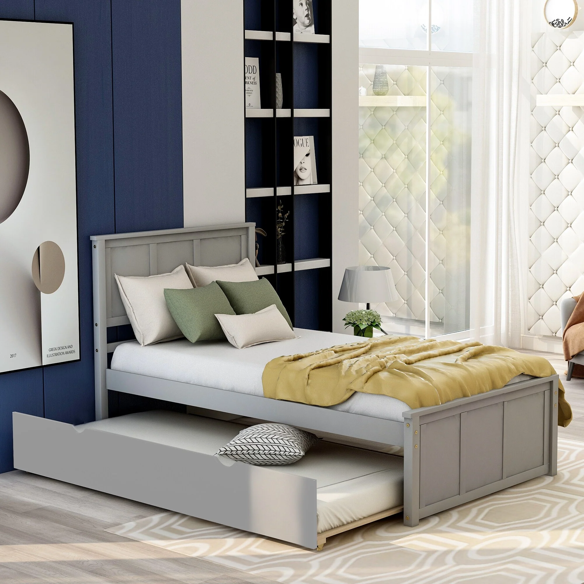 Twin Size Platform Bed with Trundle, Space-Saving Design, Solid Wood Frame