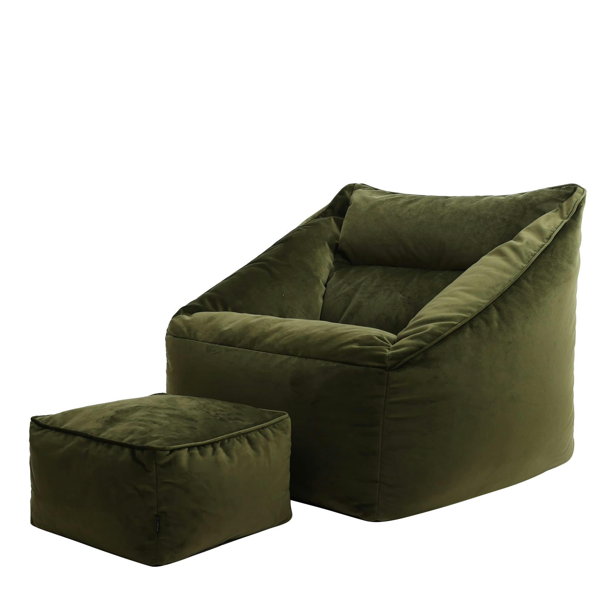 NATALIA - Pouf fauteuil avec repose-pied carré velours vert olive