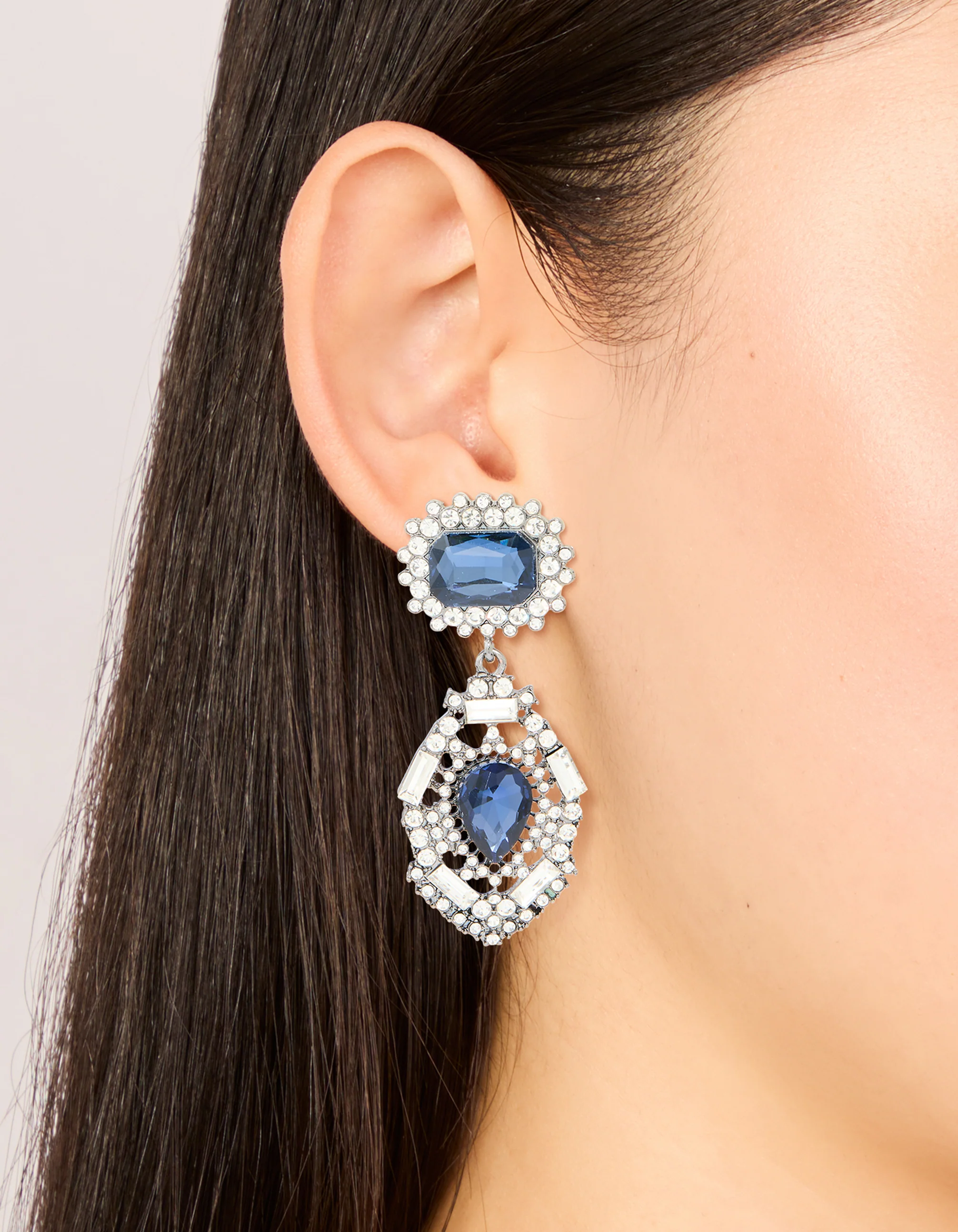 Silver Gunmetal Blue Diamante Pear Drop Earrings