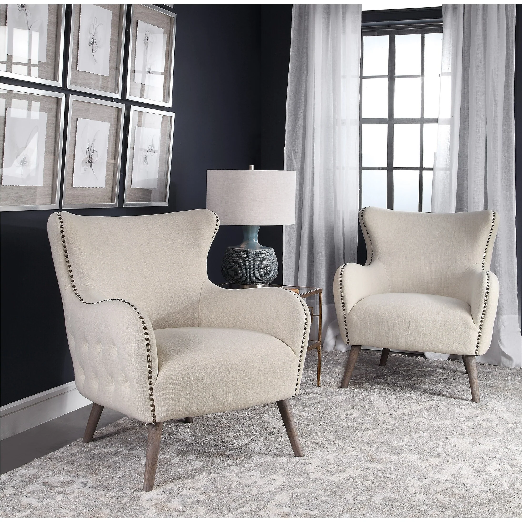 35 Cream Button Tufted Accent Chair with Nailhead Trim and Dowel Legs