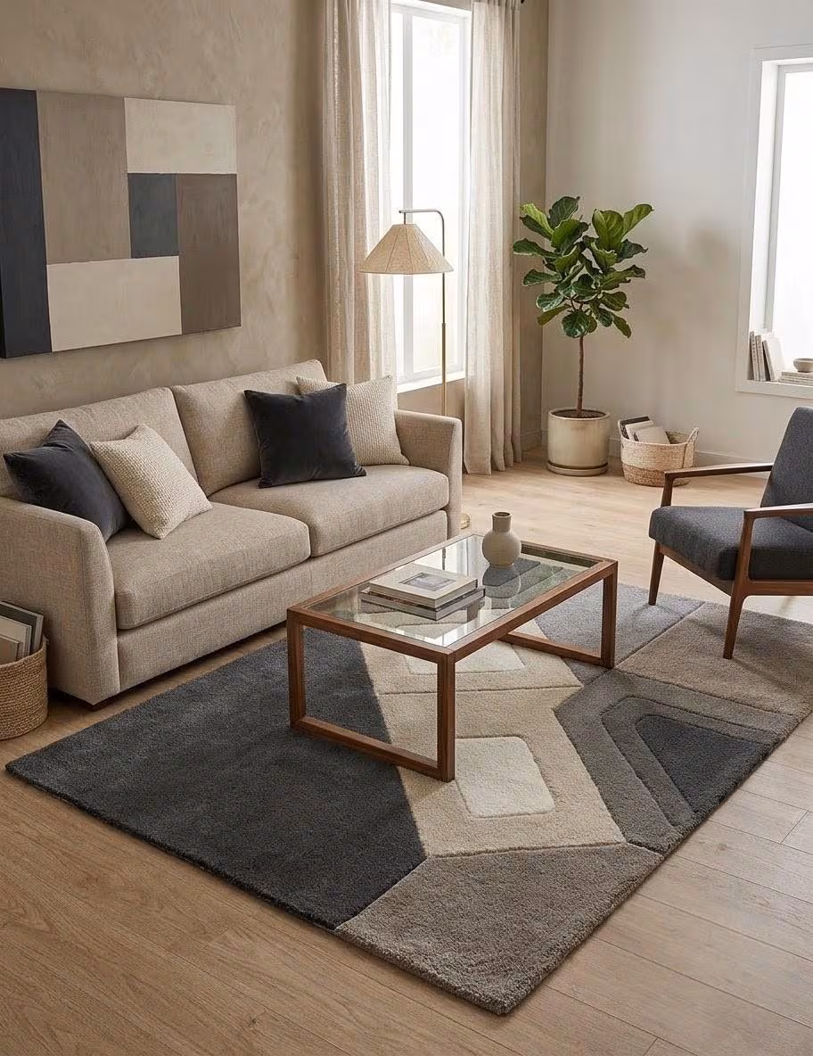 Charcoal Beige Contemporary Geometric Wool Rug, Hand Tufted Abstract Luxury Area Rug