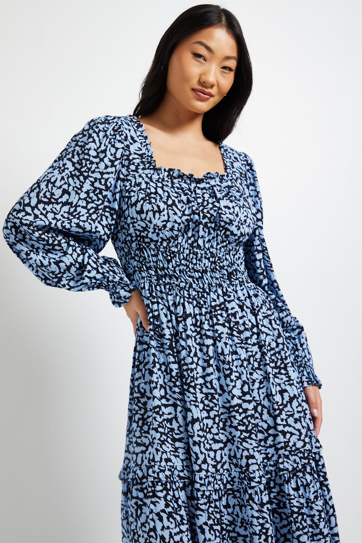 Dorothy Perkins Petite Blue Square Neck Blouson Sleeve Tiered Maxi Dress