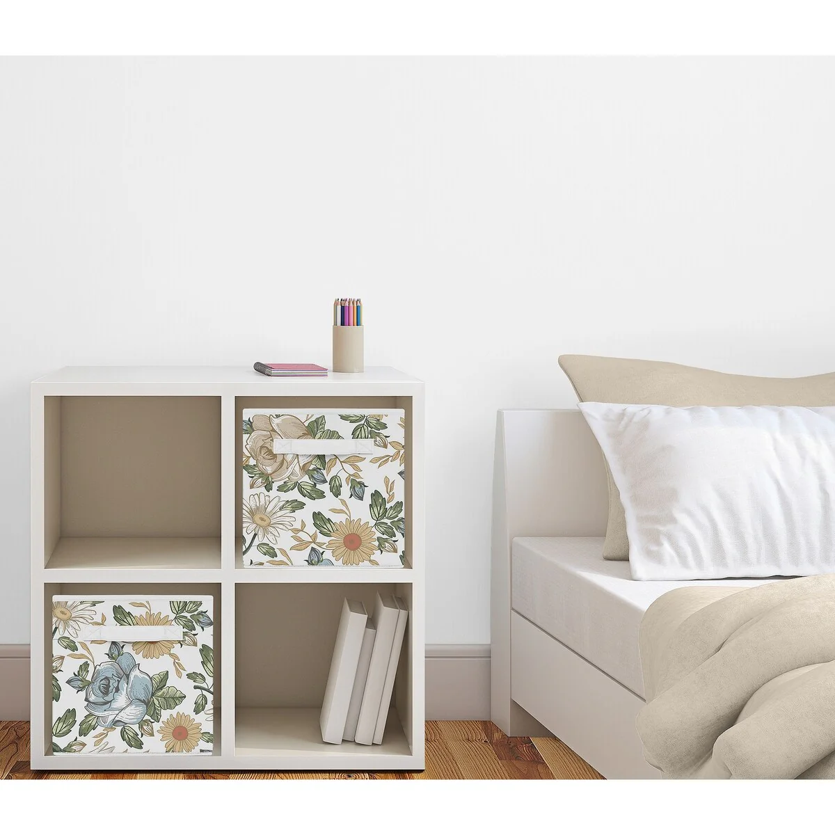 Vintage Floral Blue Yellow Foldable Fabric Storage Bins Green Gold Orange Taupe White Shabby Chic Rose Flower Boho Bohemian